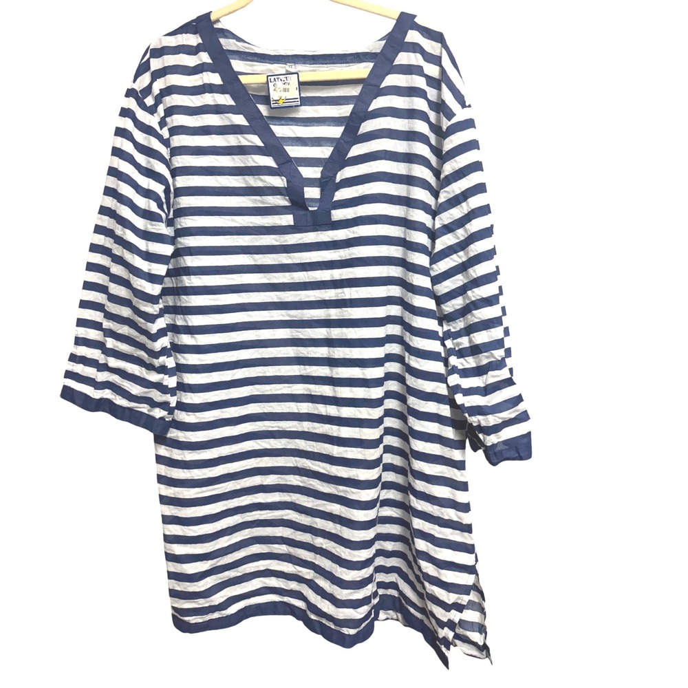 Coastal Striped Nautical Blue White Cotton Tunic Coverup Resortwear XL